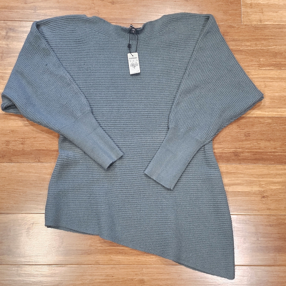 Express Women's Asymmetrical Green Off Shoulder Sweater